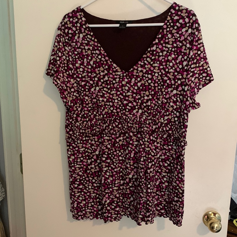 Style & Co purple, pink & white polka dotted short sleeve top. Nylon. Size XL